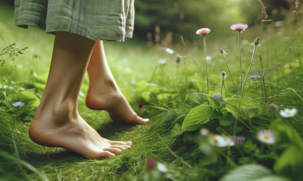 Barefoot feet walking through grassy meadow, grounding with mother nature.