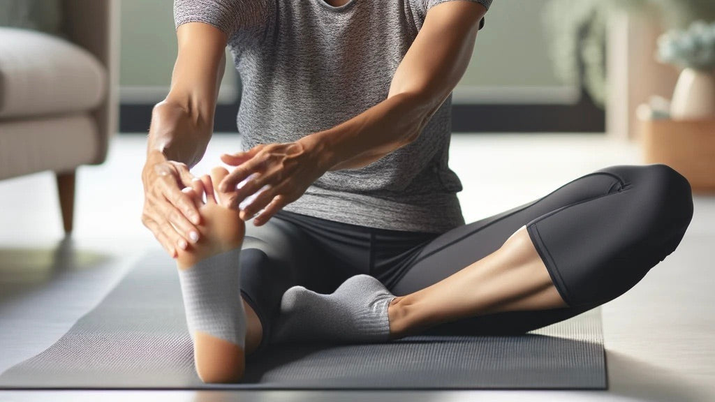 A woman is sitting on the floor stretching her toes - barefoot shoe exercises