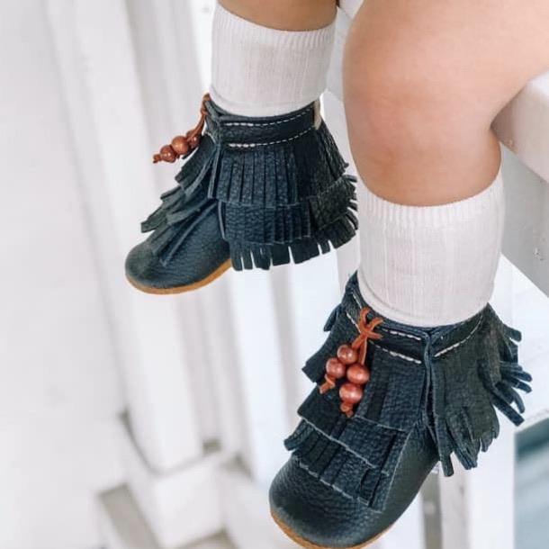 Duchess and Fox Black Trail Blazers • Fringe Moccasin Boots handmade barefoot shoes